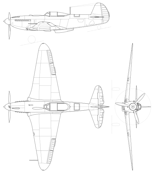 File:Yakovlev Yak-9P 3-view line drawing.svg