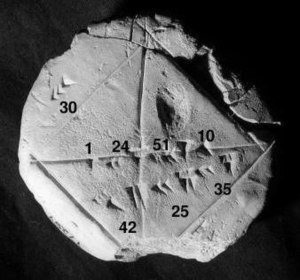 Слика1:Вавилонската глинена плоча од вавилонската колекција Јеил (од 1800 г.п.н.е.до 1600 г.п.н.е.) за приближување на корен од два со четири шеесетични цифри, што одговара на точност од околу шест децимални цифри, 1 + 24/60 + 51/602 + 10/603 = 1,41421296 ...
