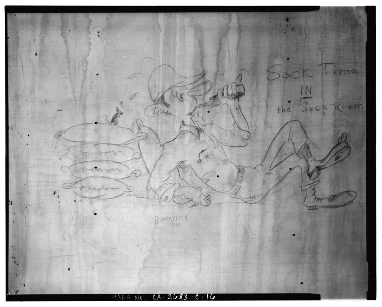 File:"Sack Time" pencil drawing on north wall of sack room, northeast corner, facing north. - Camp Tulelake, Shop-Storage Building, West Side of Hill Road, 2 miles South HABS CAL,47-TULE.V,1C-16.tif