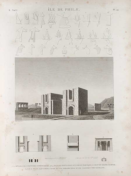 Pl.29 - 1-27. Détails de coeffures symboliques 28.29. Plan et élévation d'un petit portique a l'est du Grand Temple 30-33. Plan, élévation, coupe et vue perspective d'une construction romaine