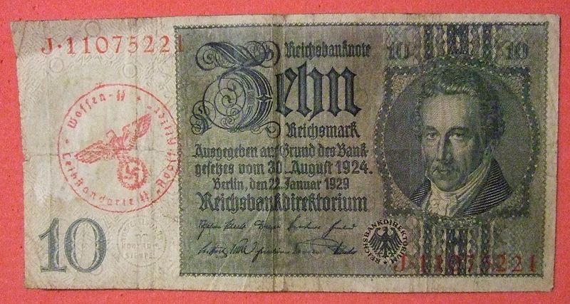 File:1929 SERIES 10 REICHSMARK PAPER BILL OVERSTAMPED WITH RED INK WAFFEN SS STAMP AND REUSED DURING WORLD WAR II, side A - Flickr - woody1778a.jpg