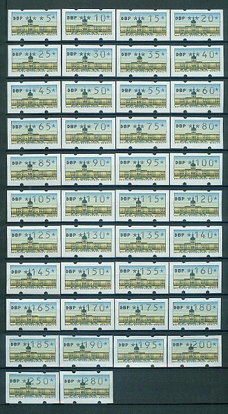 A selection of variable value stamps showing the range of values that may be selected. 1987-05-04-automat-berlin-3-100.JPG