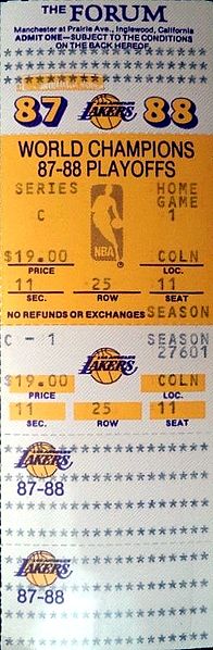 A ticket for Game 1 of the 1988 Western Conference Finals between the Los Angeles Lakers and the Dallas Mavericks.