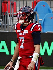 Cody Fajardo wearing the Montreal Alouettes' red third jersey in 2023. 2023, 07, Cody Fajardo (2).jpg