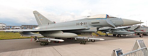 English: Eurofighter Typhoon EF2000 (reg. 30+61, c/n GS044) of the German Air Force at ILA Berlin Air Show 2012. Deutsch: Eurofighter Typhoon EF2000 (Reg. 30+61, c/n GS044) der deutschen Luftwaffe (Bundeswehr) im static Display der ILA Berlin Air Show 2012.   This image was created with Hugin.