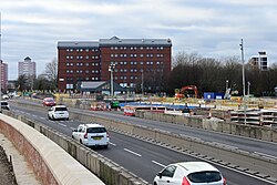 An attempted overview of progress on the Mytongate underpass site from the Holiday Inn access road alongside the A63 in Kingston upon Hull.