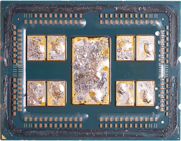 A delidded second gen Epyc 7702, showing the die configuration