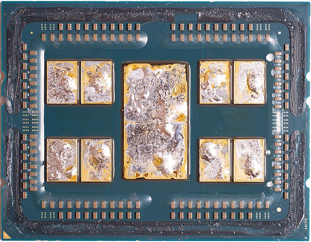 A delidded second gen Epyc 7702, showing the die configuration