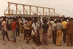 Perpetrators being hanged in the aftermath of the Maryland ritual killings. ASC Leiden - F. van der Kraaij Collection - The Hanging of the Harper Seven, Liberia - 16 February 1979 - 03.jpg