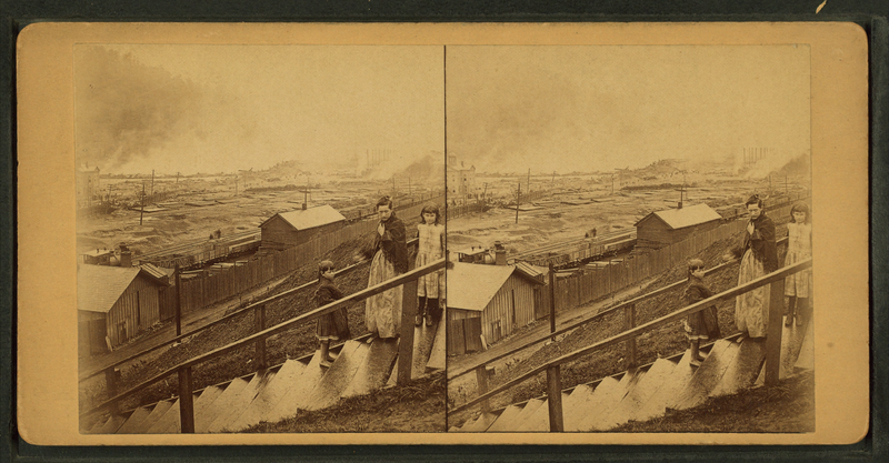 File:A view of the burning debris at the Stone Bridge from stairway to Prospect Hill, from Robert N. Dennis collection of stereoscopic views.png