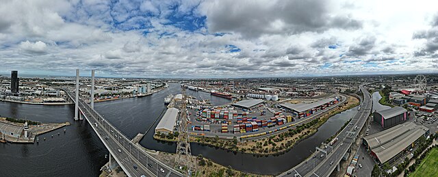 Aerial panorama of the Docklands facing the Bolte Bridge, March 2023