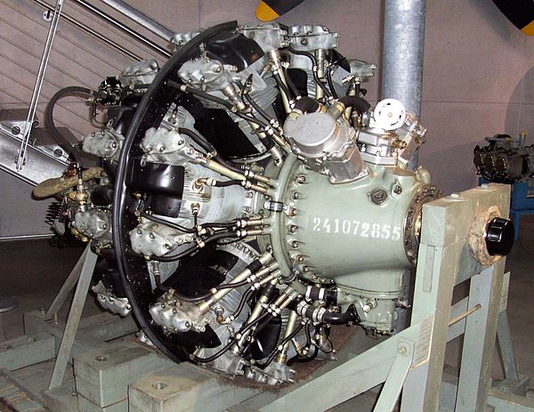 ASh-82T aircraft engine. The black metal plates mid-engine are baffles that re-direct airflow from the front of the engine (on the right in this image