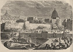 Zidurile vechi ale Parisului scoase la suprafață prin demolările efectuate în Place Saint-Michel, aprox. 1860.