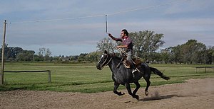 Modern-hari gaucho mengambil bacokan di Carrera de sortija (ring-menusuk kontes)