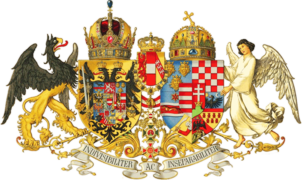 Composición heráldica con los escudos del Imperio austríaco y del Reino de Hungría (1915-1918).