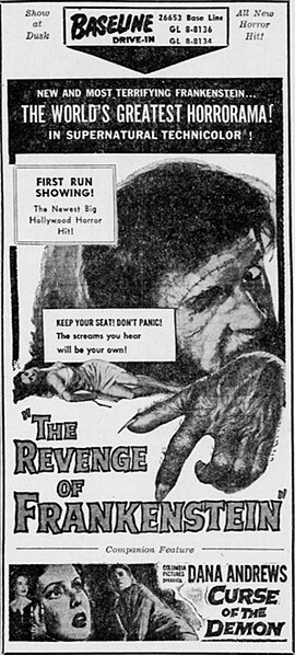 Drive-in advertisement from 1958 for The Revenge of Frankenstein and co-feature, Curse of the Demon.