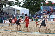 Deutsch: Beachhandball Europameisterschaften 2019 (Beach handball Euro); Tag 6: 7. Juli 2019 – Spiel um Platz Drei, Männer, Ungarn-Russland 2:0 (26:20, 23:22) English: Beach handball Euro; Day 6: 7 July 2019 – Men's Bronze Medal Match – Hungary-Russia 2:0 (26:20, 23:22)