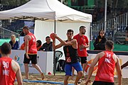 Deutsch: Beachhandball Europameisterschaften 2019 (Beach handball Euro); Tag 1: 2. Juli 2019 – Männer, Vorrunde Gruppe D, Frankreich-Montenegro 2:0 (19:7, 18:9) English: Beach handball Euro; Day 1: 2 July 2019 – Men Preliminary Round Group D – France-Montenegro 2:0 (19:7, 18:9)