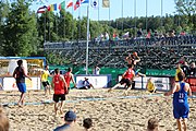 Deutsch: Beachhandball Europameisterschaften 2019 (Beach handball Euro); Tag 1: 2. Juli 2019 – Männer, Vorrunde Gruppe D, Frankreich-Montenegro 2:0 (19:7, 18:9) English: Beach handball Euro; Day 1: 2 July 2019 – Men Preliminary Round Group D – France-Montenegro 2:0 (19:7, 18:9)