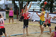 Deutsch: Beachhandball Europameisterschaften 2019 (Beach handball Euro); Tag 2: 3. Juli 2019 – Männer, Vorrunde Gruppe C, Nordmazedonien-Schweiz 0:2 (13:22, 18:19) English: Beach handball Euro; Day 2: 3 July 2019 – Women Preliminary Round Group A – Men Preliminary Round Group C – North Macedonia-Switzerland 0:2 (13:22, 18:19)