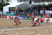 Deutsch: Beachhandball Europameisterschaften 2019 (Beach handball Euro); Tag 5: 6. Juli 2019 – Frauen, Halbfinale, Ungarn-Niederlande 2:0 (19:16, 15:12) English: Beach handball Euro; Day 5: 6 July 2019 – Semifinal Women – Hungary-Netherlands 2:0 (19:16, 15:12)