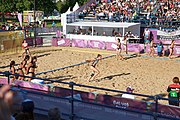 Deutsch: Beachhandball bei den Olympischen Jugendspielen 2018; Tag 3, 9. Oktober 2018; Jungs, Vorrunde, Gruppe B - Argentinien-Hongkong 2:0 English: Beach handball at the 2018 Summer Youth Olympics at 9 October 2018 – Girls Preliminary Round Group B – Argentina-Hing Kong 2:0