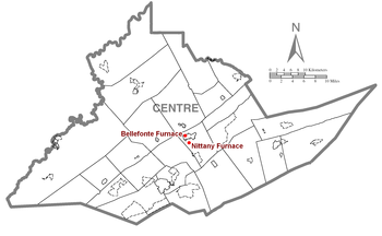 Location of the two hot blast coke furnaces, Bellefonte and Nittany, in Centre County, Pennsylvania. Bellefonte Modern Furnaces map.png