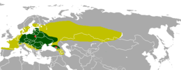 Elterjedési területe (világoszöld - holocénkori; sötétzöld - középkori; piros - 20. századi)