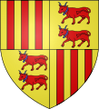 Blason de Foix-Béarn : Écartelé en 1er et 4e d'or aux trois pals de gueules et en 2e et 3e d'or aux deux vaches de gueules, accornées, colletées et clarinées d'azur, passant l'une sur l'autre.