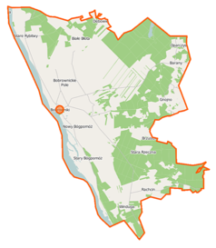 Mapa konturowa gminy Bobrowniki, po lewej znajduje się punkt z opisem „Bobrowniki”