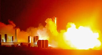 Static fire of SN4. Boca Fuego! The Raptor Engine Test on the SpaceX Starship SN4 (49861436766).jpg