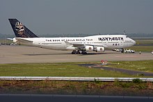 Iron Maiden's Ed Force One, a Boeing 747-400, as used during The Book of Souls World Tour in 2016 Boeing747-IronMaiden01.jpg