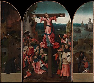 The Crucified Martyr (Saint Julia) by the Dutch artist Hieronymus Bosch. Saint Julia wears red, the traditional color of Christian martyrs.