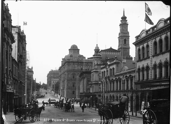 View east along the middle section of Bridge Street, with the Department of Lands building on the right