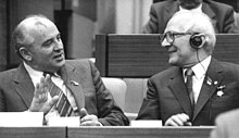 Gorbachev with Erich Honecker of East Germany. Privately, Gorbachev told Chernyaev that Honecker was a "scumbag". Bundesarchiv Bild 183-1986-0421-010, Berlin, XI. SED-Parteitag, Gorbatschow, Honecker.jpg