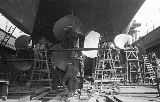 Bismarck in drydock, showing the three-shaft arrangement