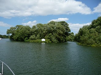 Upstream entrance to Clewer Mill Stream above Bush Ait Bush Eyot upstream side (Nancy).JPG