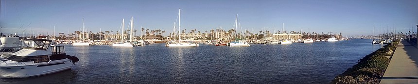 Channel Islands Harbor from west side looking east in the late afternoon towards peninsula in center of harbor