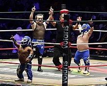 Microman (in front) along with Guapito (back, left) and El Gallito (back, right) after winning a match CMLL November 30 Microman Gallito and Guapito 1.jpg