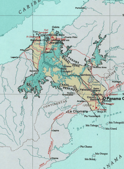 Mappa della zona del canale.  Il Mar dei Caraibi è in alto a sinistra, il Golfo di Panama è in basso a destra