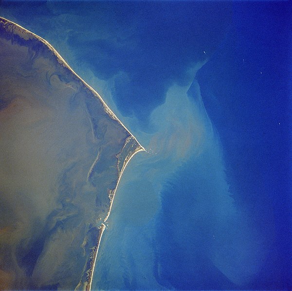 Hatteras Island as seen in a satellite photo. North is to the upper left corner.