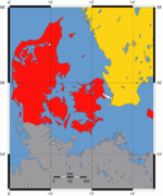 Dinamarca (rojo) y el sur de Suecia (amarillo), conectadas por el Puente de Oresund.