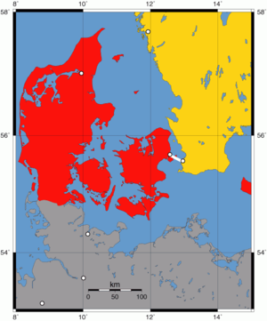 Мостът, свързващ Дания (червено) и Швеция (жълто)