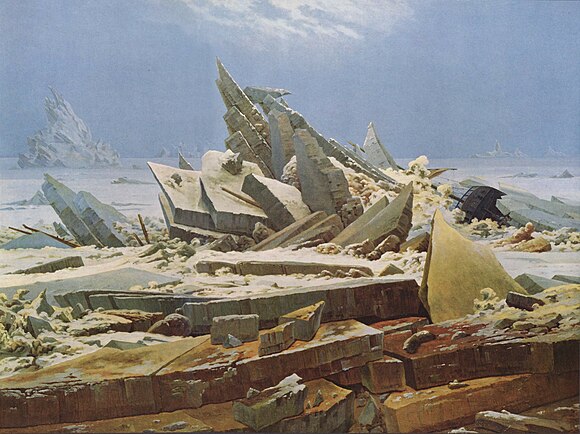 Das Eismeer (The Sea of Ice), 1823–1824, a painting by Caspar David Friedrich showing a shipwreck at right. It was inspired by William Edward Parry's account from his 1819–1820 expedition. Kunsthalle Hamburg, Germany.