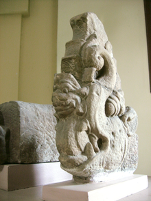 A decorative theme that originated in Java, and from there emanated to other parts of Greater India, is that of the makara sea monster disgorging some other being. In this 10th- or 11th-century Cham sculpture, the makara disgorges a naga. Cham Naga.png