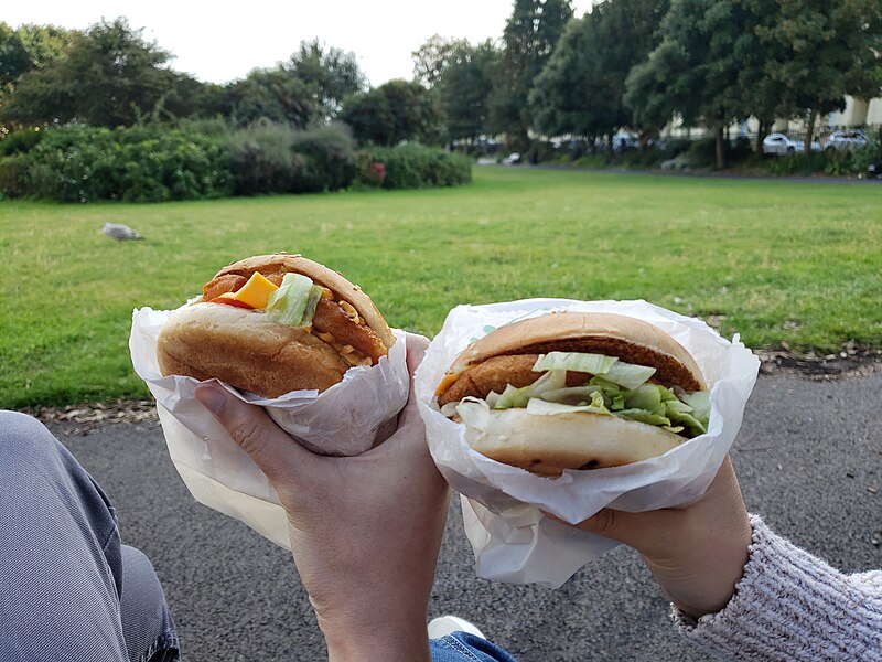 File:Chicken cheese burger and Mexican vegetarian burger - Grubbs.jpg