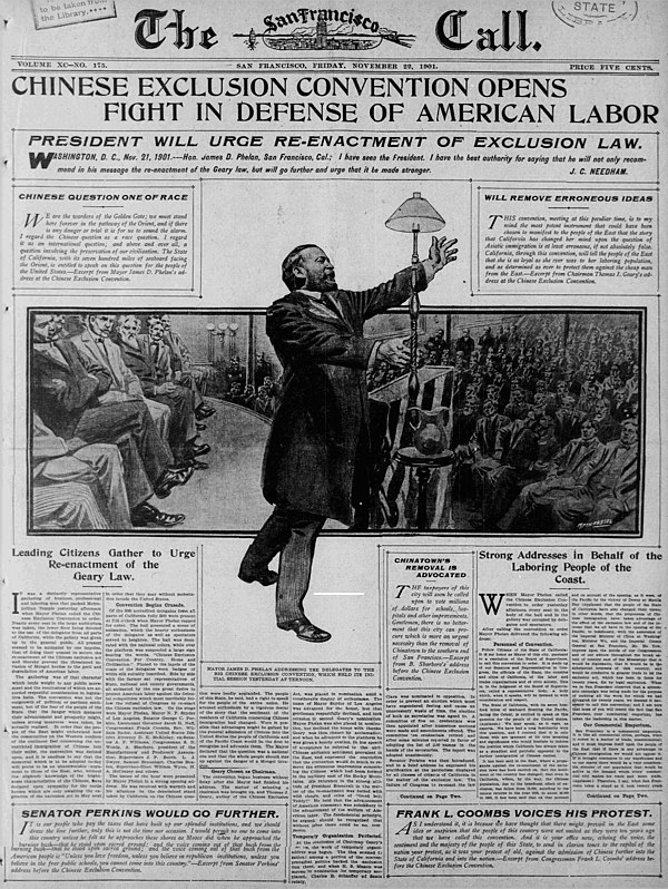 Front page of The San Francisco Call from November 20, 1901, discussing the Chinese Exclusion Convention