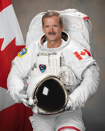 Canadian Space Agency astronaut Chris Hadfield, attired in a training version of his Extravehicular Mobility Unit (EMU) spacesuit.