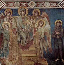 Redemption through Love - The Madonna and Child with St Francis, by Cimabue, in the Lower Church of St Francis at Assisi Cimabue 018.jpg