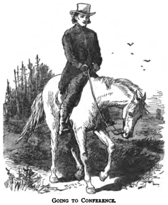 Illustration from The Circuit Rider: A Tale of the Heroic Age by Edward Eggleston; The well-organized Methodists sent the circuit rider to create and serve a series of churches in a geographical area.